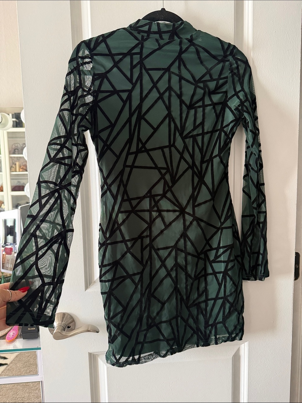 Sheer Green Geo-Print Long Sleeve Dress